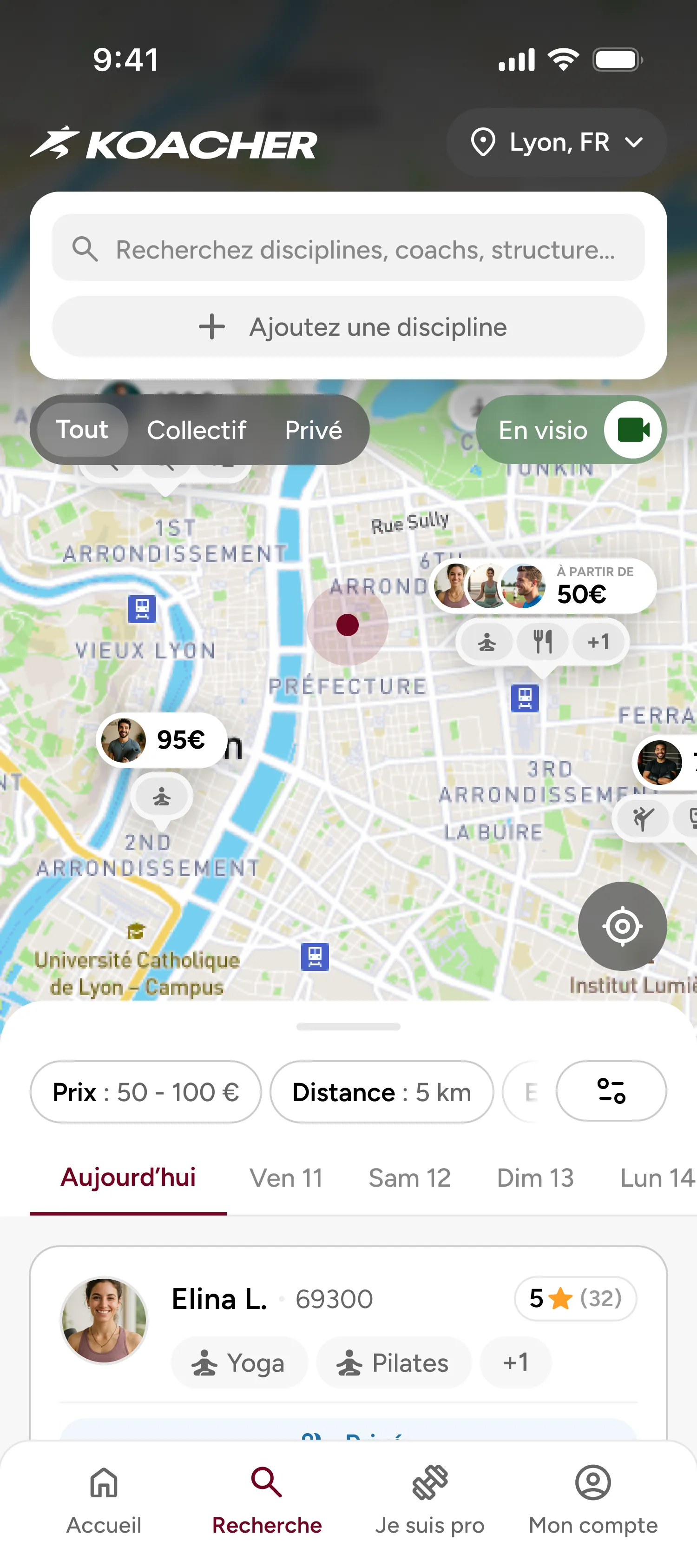 Recherche et réservation dans l'application Koacher